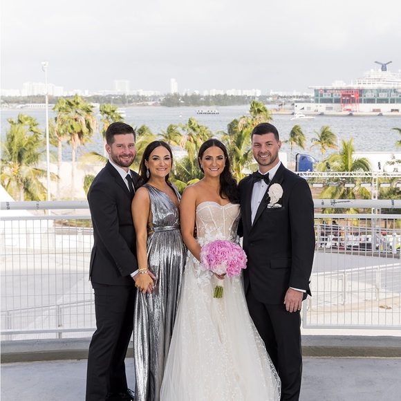 RETROFÊTE TOVA PLEATED LAMÉ MAXI DRESS - Picture 2 of 3